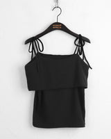 Sirom Ribbon Strap Ribbed Off Shoulder Short Sleeve T-Shirt