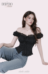 Black lace square short-sleeve blouse