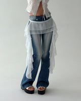 unbalanced see-through frill layered belt skirt