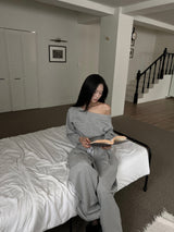 Unbalanced off-shoulder side slit brushed long sleeve sweatshirt (6 colors)