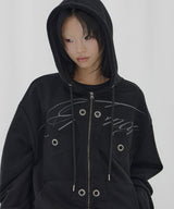 BIG CROSS EYELET HOODED ZIP-UP (BLACK) F26QB038