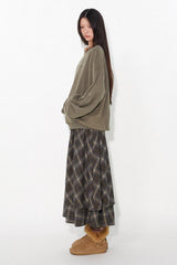 Asymmetrical drawstring patchwork plaid versatile and playful midi skirt