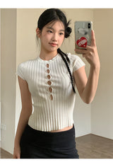 Hollow slit slim ribbed short sleeve tee