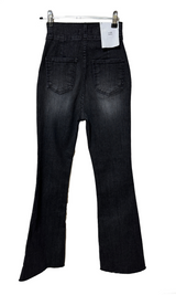 (BODY-SHAPING GUARANTEED🤍🖤) TWO-BUTTON ELASTIC WAIST BLACK WASH BOOTCUT 🤍🖤 SEMI-WIDE DENIM PANTS