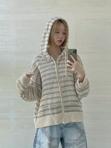 (UNISEX) Mesh Stripe Cropped Zip-up Knit
