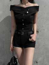Deli off-shoulder button crop denim short sleeve T (3 colors)