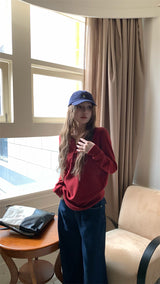 Round button waffle long-sleeved t-shirt