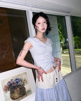 (2color) Bead Ball Shirring Cap Sleeve Tee