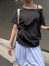 Side button off-shoulder t-shirts(4color)