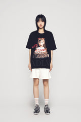 24FW チョコレートケーキガールレタリングベビーフェイス半袖Tシャツ ブラック