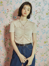 [LINE] シャーリングトップレイヤードTシャツ (ベージュ)