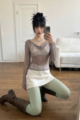 COWL-NECK LACE TOP (MOCHA)