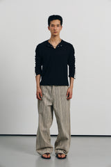 Contrast ribbed henley long Sleeve(Black)