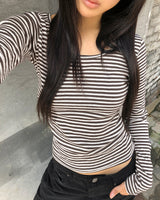 イボンヌストライプスリムフィット長袖Tシャツ