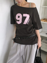 Tekin Lettering Off-Shoulder Overfit Short Sleeve T-Shirt