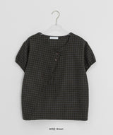 Bukanne Wool Button Check Short Sleeve Blouse - Wool 50%