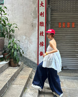 Lace Dark Denim Banded Waist Wide Pants