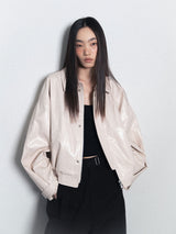 Glossy Leather Bomber Jacket_Ivory