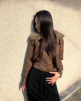 Tmin Ribbed-hem Buckle High-neck Fur-lined Short Mustang Jacket