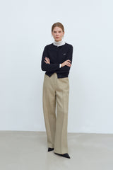 PINTUCK WIDE WOOL SLACKS PANTS - CREAM