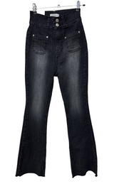 (BODY-SHAPING GUARANTEED🤍🖤) TWO-BUTTON ELASTIC WAIST BLACK WASH BOOTCUT 🤍🖤 SEMI-WIDE DENIM PANTS