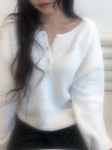 Nancy Henley Neck Button Round Patch Wool Knit