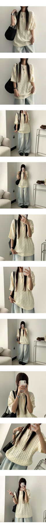 Lomon Cable Henry Neck Twisted Short Sleeve Knitwear
