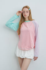 Riverstone plusルーズ ストライプ カラーブロック ラグラン ロングスリーブ Tシャツ