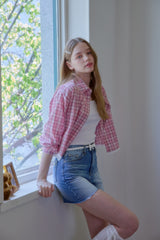 LOVELY CHECK LACE CROP SHIRT
