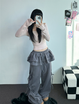 FLEECE PICKABLE❤RIBBON CANCAN BOOTSCUT WIDE 2 STYTLE PANTS🖤🩶🤎💛5COLOR