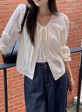 #Autumn Lace Ribbon Long Sleeve Blouse (2color)