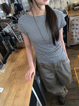 Yurimo Stripe Boat Neck Short Sleeve Tee