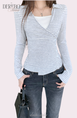 グレー Vストライプ ラップ ロングスリーブ Tシャツ