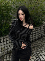 26SS★ [MADE] One-Shoulder Open Stripe Tee