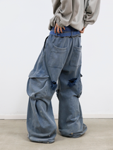 RELABEL (RE-MAKE) Double-Waist, Splashed-Ink, Washed, Distressed Ice-Blue Cargo Sweatpants