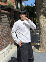 Waffle diagonal button crop long-sleeve t-shirt