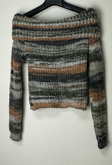 SNOWFLAKE COLOR-BLOCK BROWN OFF-SHOULDER LONG-SLEEVE KNIT