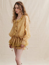 Unique Flare Wave Stripe Punched Drape Shirt Short Pants Set