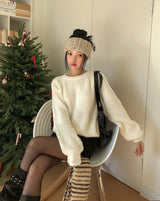 [Wool 20%] ドビーラインアルパカラウンドニット