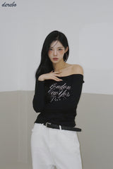 wide neck lettering normal fit long-sleeved T-shirt