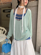 Levui Summer See-through V-Neck Layered Long Sleeve Tee