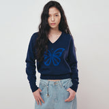 BUTTERFLY V NECK JACQUARD KNIT_SKY BLUE