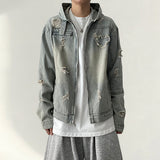Spot Vintage Damage Crack Denim Hooded Zip-Up Jacket