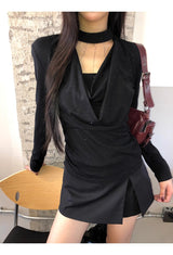 Black Chic Shimmering Halterneck Long-Sleeved T-Shirt