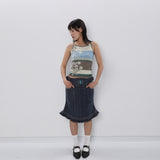 CONFUN 25SS distressed washed lace hem denim skirt
