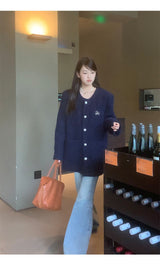 Renee Navy No Collar Round Half Coat