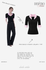 Pink black steady collar V top