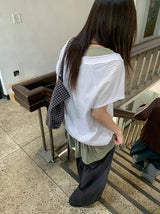 ミミュールVネックドットレイヤードオフショルダーTシャツ