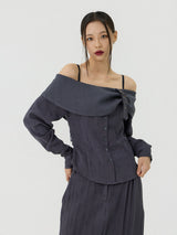 Scratch Cape Off-Shoulder Belted Shirt, Charcoal