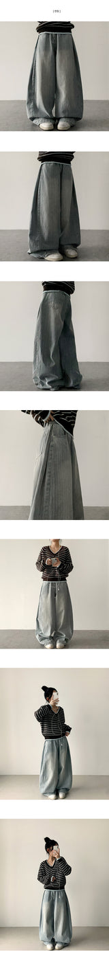 Poae Site Pin Tuck Stripe Denim Wide Pants